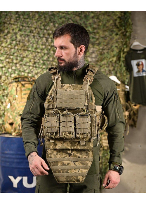 Тактична плитоноска Cordura Піксель із 4 точками швидкого скидання та напашником: 1000D, 7 підсумків, плити 25х30 см