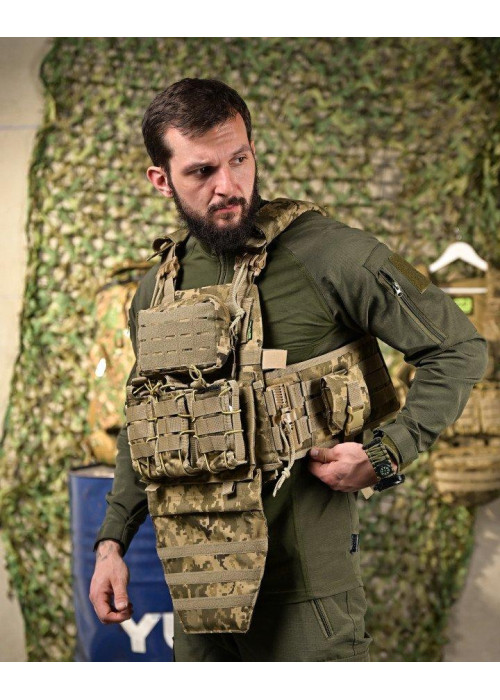 Тактична плитоноска Cordura Піксель із 4 точками швидкого скидання та напашником: 1000D, 7 підсумків, плити 25х30 см