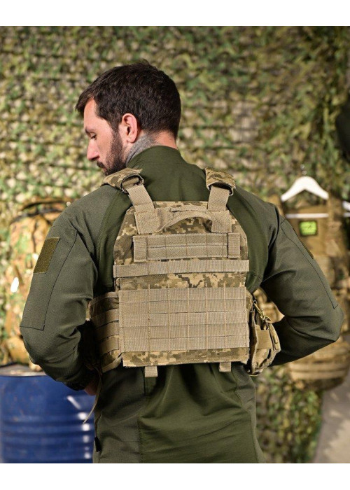 Тактична плитоноска Cordura Піксель із 4 точками швидкого скидання та напашником: 1000D, 7 підсумків, плити 25х30 см