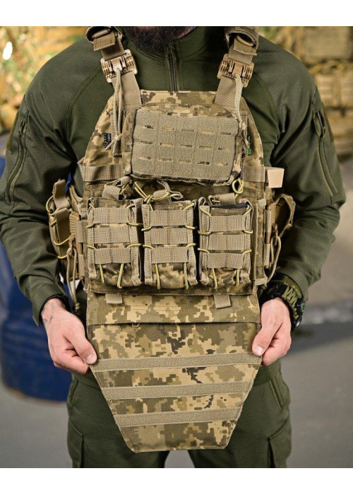 Тактична плитоноска Cordura Піксель із 4 точками швидкого скидання та напашником: 1000D, 7 підсумків, плити 25х30 см