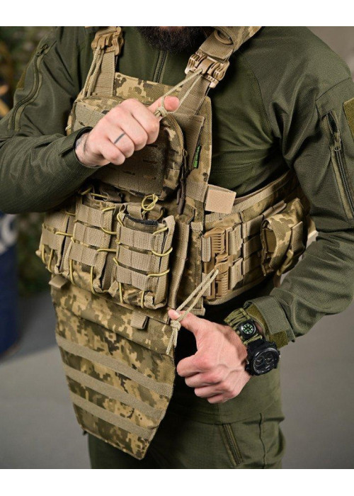 Тактична плитоноска Cordura Піксель із 4 точками швидкого скидання та напашником: 1000D, 7 підсумків, плити 25х30 см