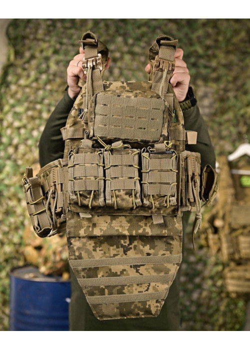 Тактична плитоноска Cordura Піксель із 4 точками швидкого скидання та напашником: 1000D, 7 підсумків, плити 25х30 см
